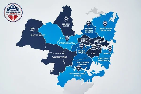 Map of Car Locksmith Sydney service areas across Greater Sydney