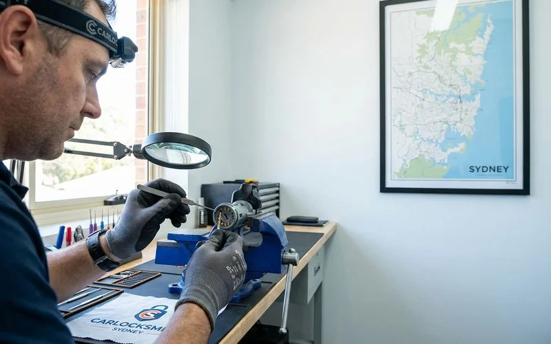 Locksmith repairing ignition barrel with specialised tools on workbench