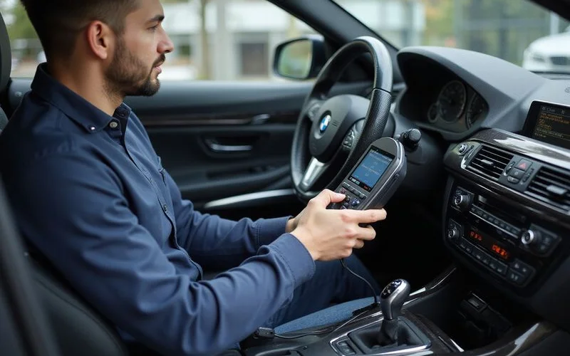 Automotive locksmith using diagnostic scanner to troubleshoot immobiliser fault on European car
