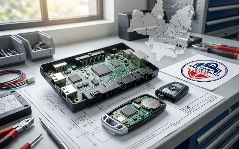 BMW CAS module and comfort access key system components displayed on workshop bench