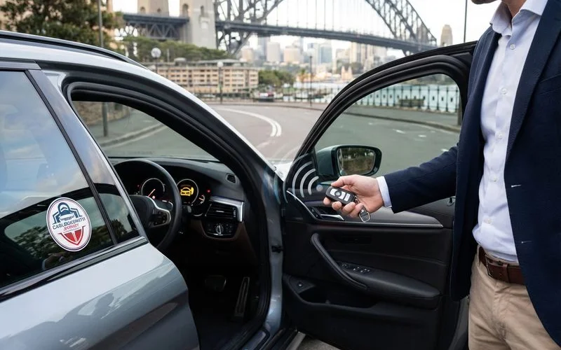 Car owner holding transponder key next to vehicle with ignition and dashboard visible