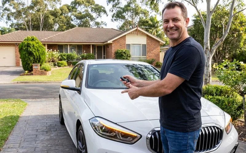 Car owner successfully testing key fob after battery replacement near vehicle in driveway