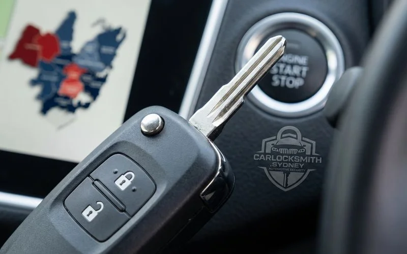 Close-up of smart key fob showing emergency blade and push button start in vehicle