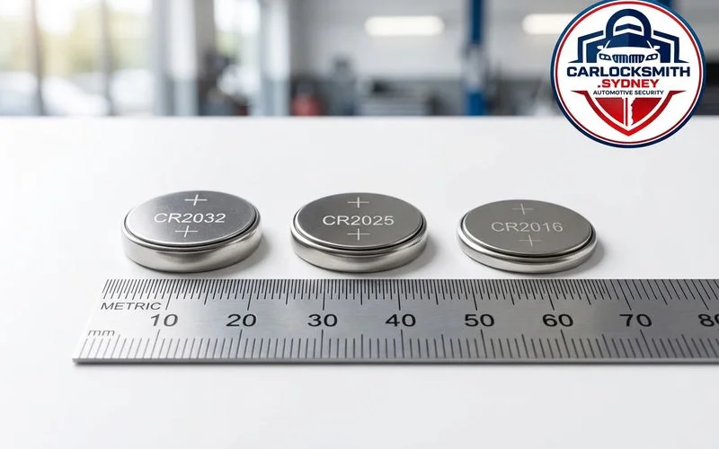 Common car key fob batteries CR2032 CR2025 and CR2016 lined up with size comparison