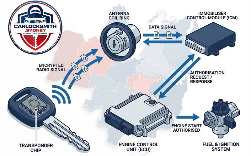 Diagram showing immobiliser communication between car key transponder antenna and ECU