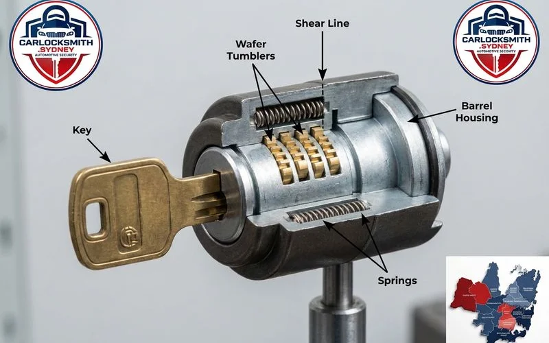 Diagram showing ignition wafers inside lock barrel aligned with correct car key
