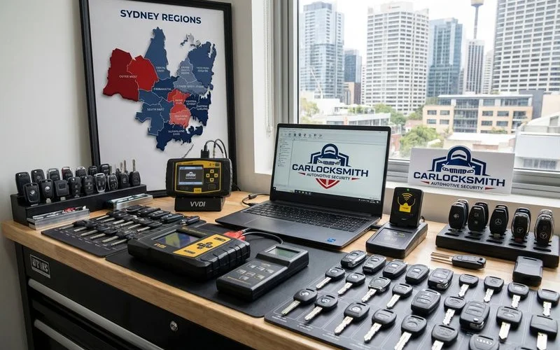 European car key programming equipment and diagnostic tools on professional workbench