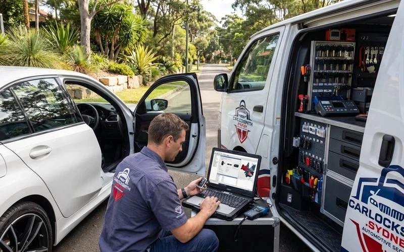 Professional European car locksmith programming BMW key at mobile service van in Sydney