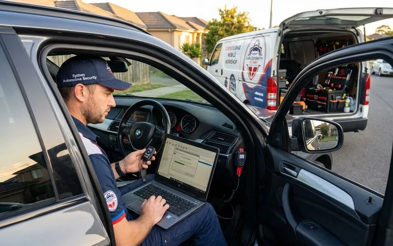 Professional locksmith programming European car key using diagnostic equipment at Sydney location