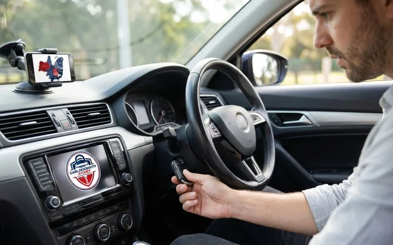 Sydney driver attempting to remove stuck key from car ignition with steering wheel visible