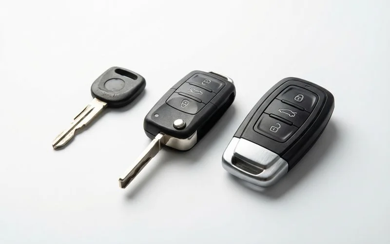 Three generations of Audi VW car keys showing evolution from blade to flip to smart key