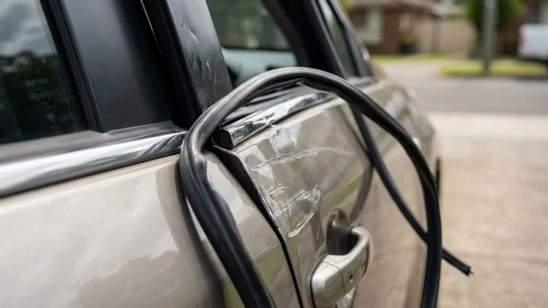 Close-up of a car door with scratched paint and damaged weather stripping from a failed DIY unlock attempt