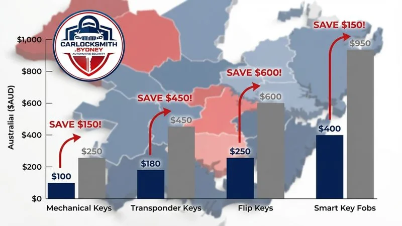 Cost comparison bar chart showing locksmith versus dealership pricing for different car key types in Sydney