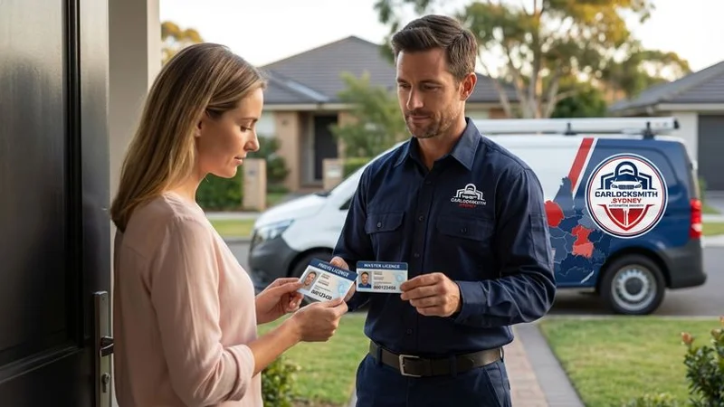 Customer reviewing a locksmith's credentials and licence before agreeing to car key replacement service