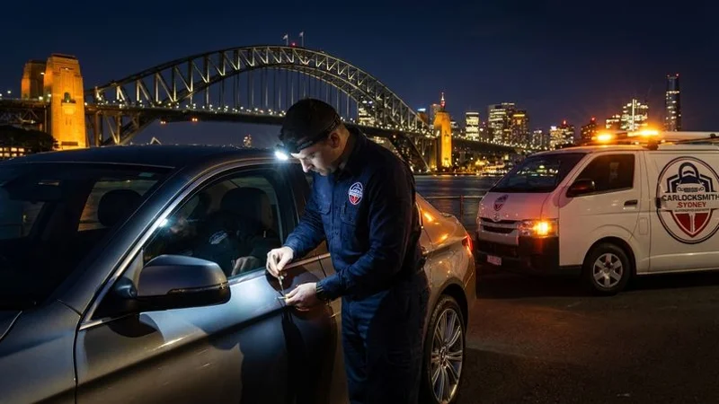 An emergency locksmith performing a car lockout service at night near Sydney Harbour