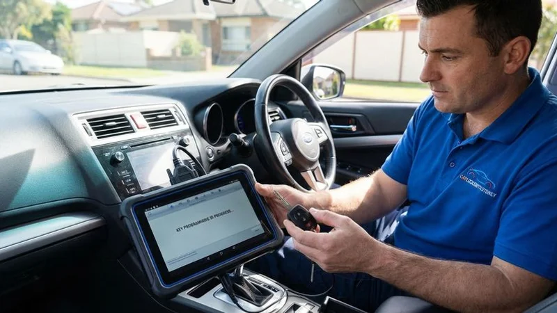 A locksmith programming a new transponder car key using diagnostic equipment connected to a vehicle