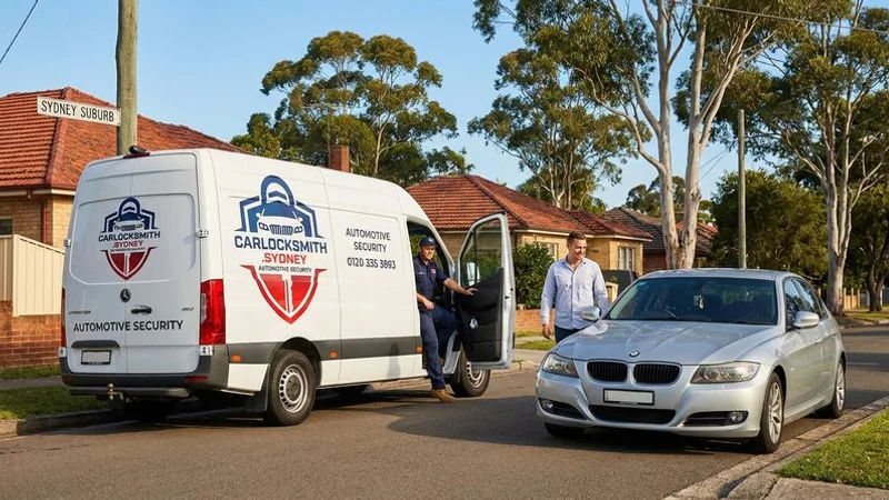 A professional mobile locksmith van arriving to help a stranded driver in suburban Sydney