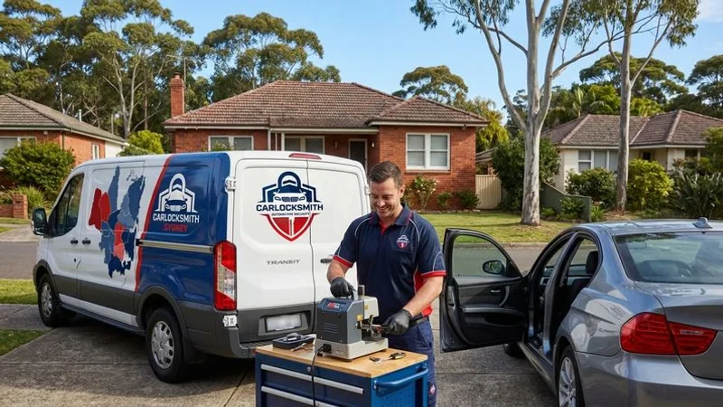 Mobile locksmith working on a car key replacement at a customer's location in suburban Sydney