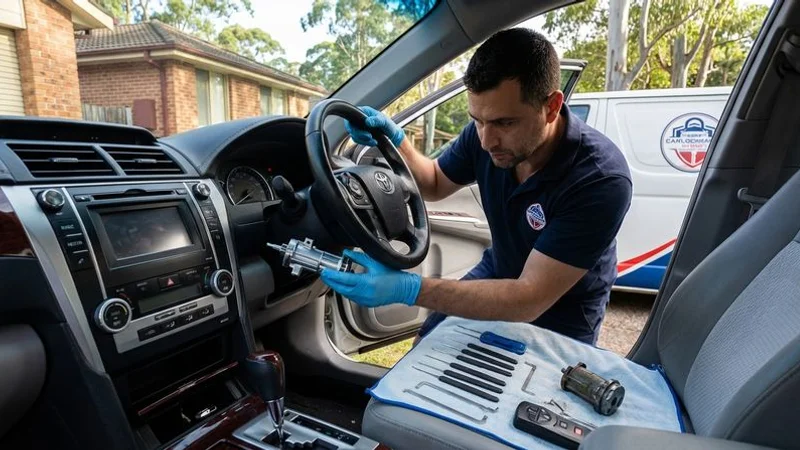 A new ignition cylinder being installed in a car by a professional locksmith as a preventative repair