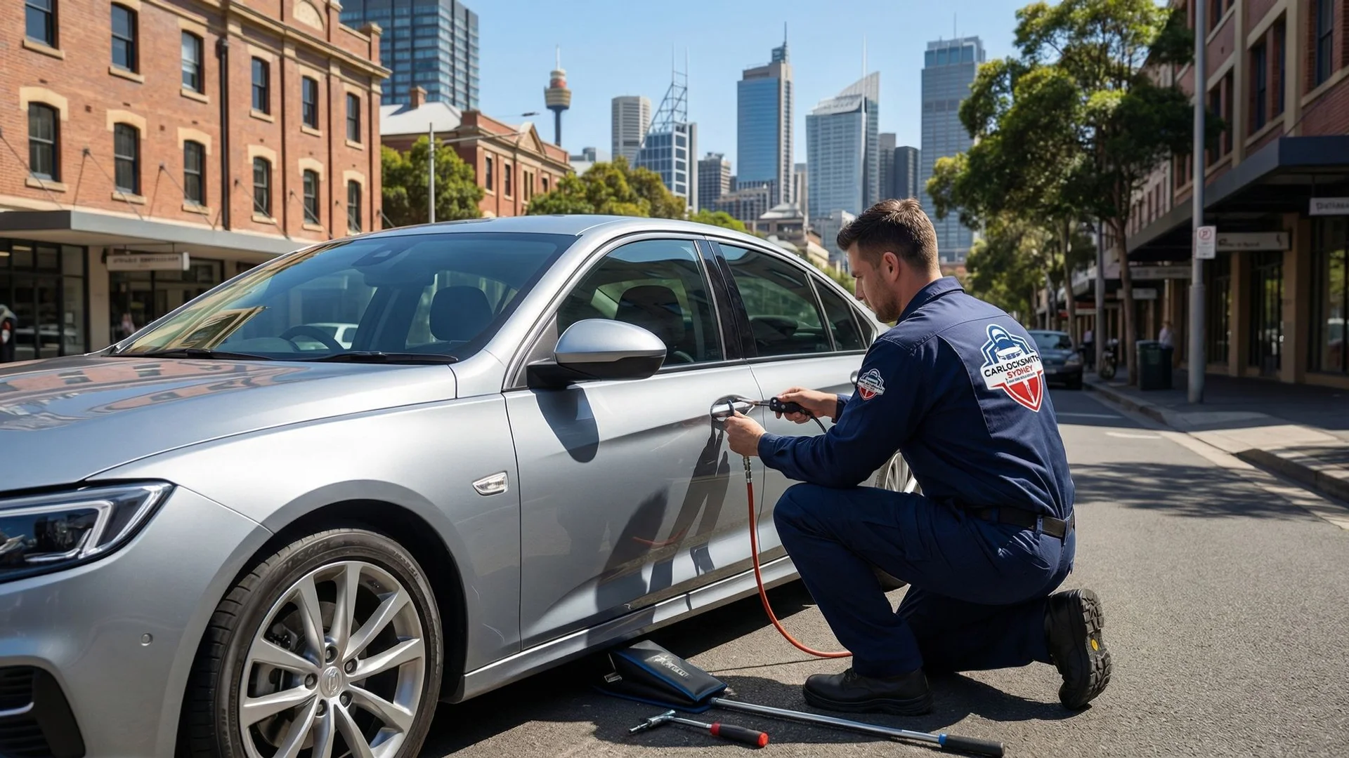 Professional car locksmith technician working on a vehicle in Sydney