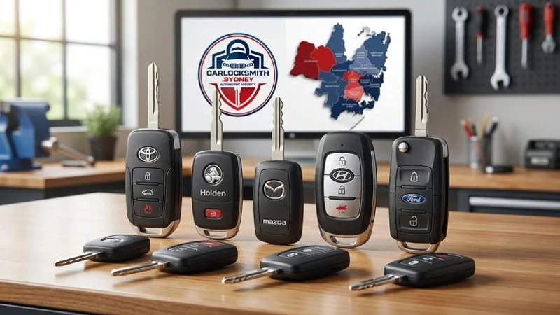 A selection of car remote keys and flip keys from popular vehicle brands showing different designs and button layouts