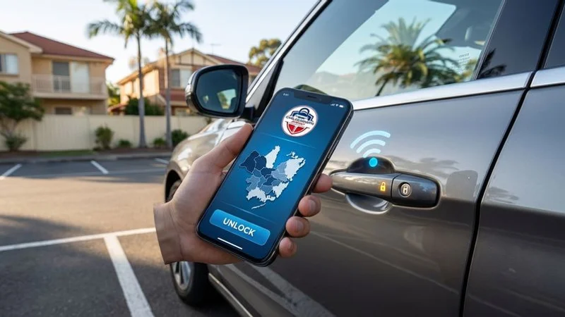 Smartphone showing a digital car key app being used to unlock a vehicle as a backup access method