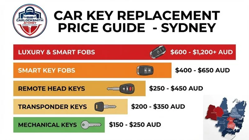 Visual price range chart showing car key replacement costs by key type from mechanical to smart key